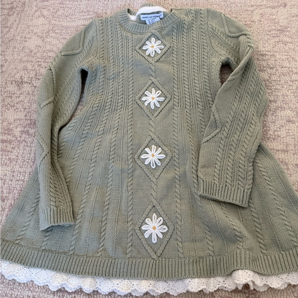 Cupcakes & Cashmere Green Cable Knit Kids Dress with Floral Accents